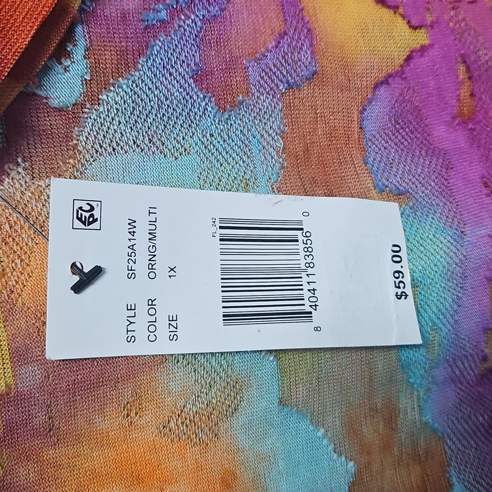 Calessa Burnout Tie Dye Crew Neck Tunic W/Asymmetric Hem: Orange Multi:Size- 1X - Picture 9 of 14